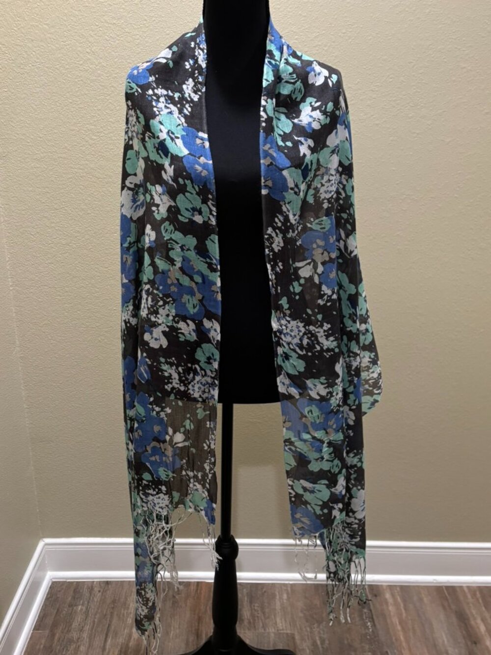 Black Blue Floral Scarf Wrap Fringed Sides